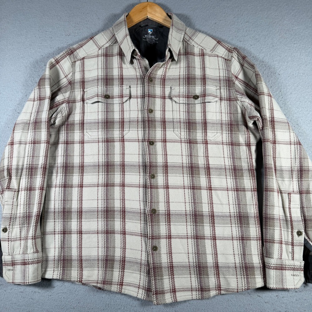 Kuhl Mens Plaid Flannel Button Down Shirt Medium Burgundy Cream 7334 Outdoors